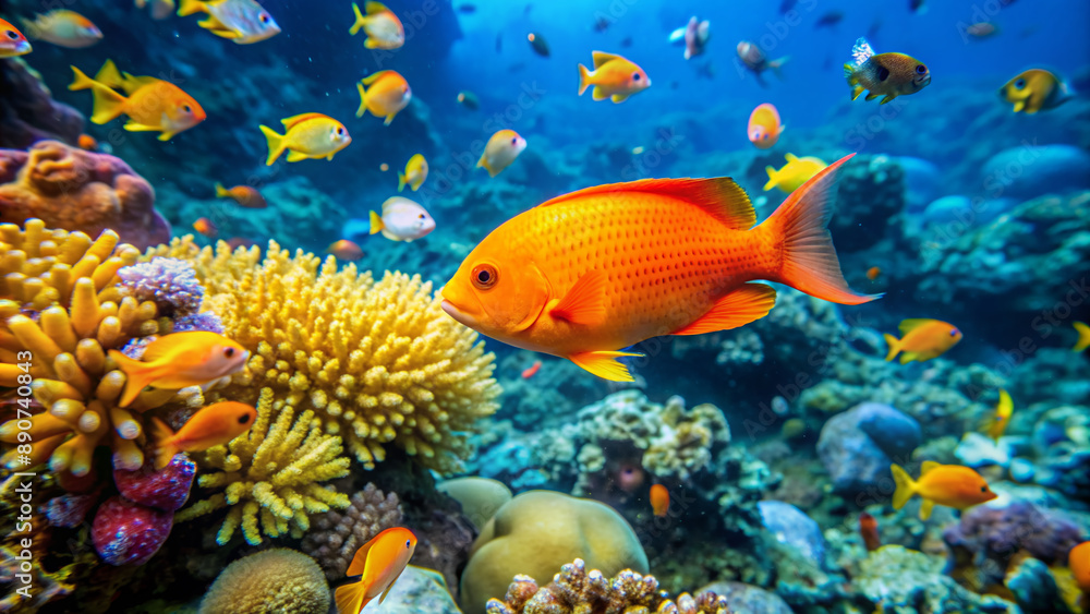 Fototapeta premium A vibrant orange-clad aquatic fish swims in front of a colorful coral reef, surrounded by schools of small blue and yellow fish in clear waters.
