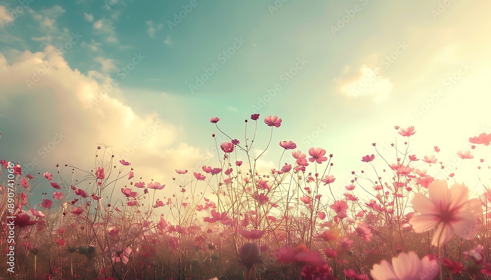 Beautiful Cosmos Flower Field Under Sky with Spring Sunlight, Vintage Background Beautiful Cosmos Flower Field Under Sky with Spring Sunlight, Vintage Background