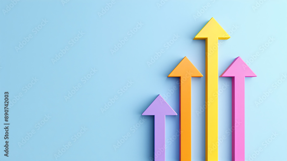 Colorful arrows pointing upwards against a gradient blue background Colorful arrows pointing upwards against a gradient blue background