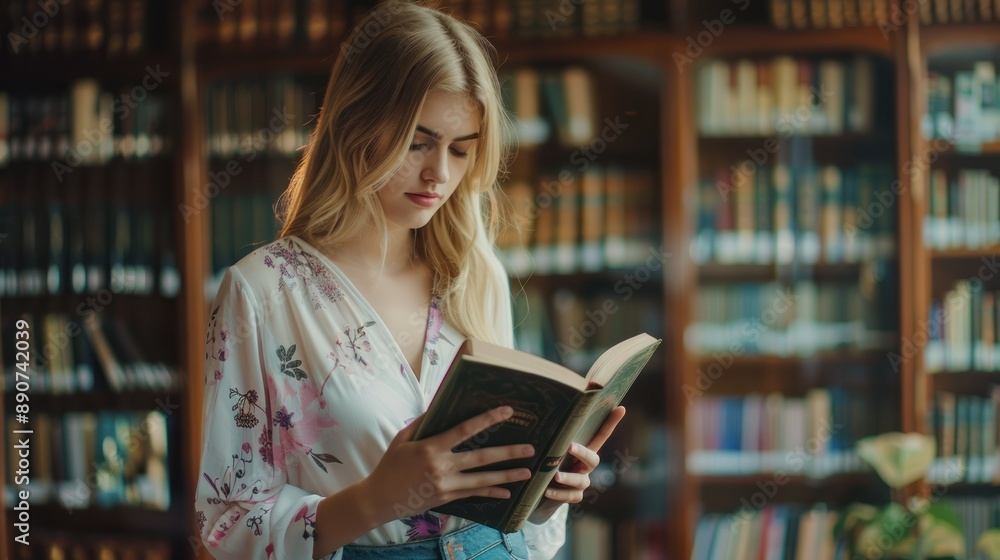 Young Woman Reading in a Library Young Woman Reading in a Library