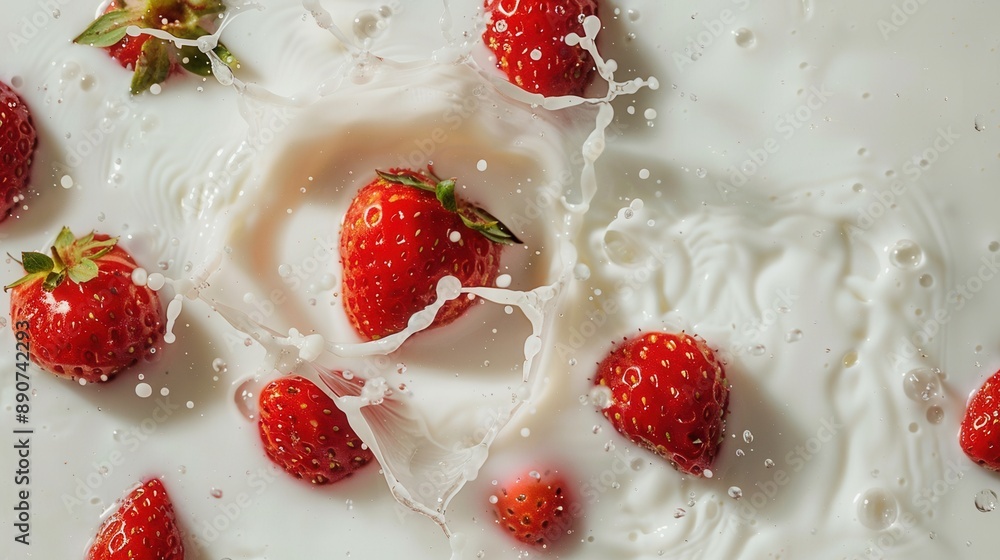 Juicy ripe strawberry fruit with milk splash Juicy ripe strawberry fruit with milk splash