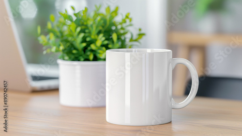 Stylish White Mug on a Contemporary Desk with Greenery. Perfect for Home Office Relaxation and Coffee Breaks