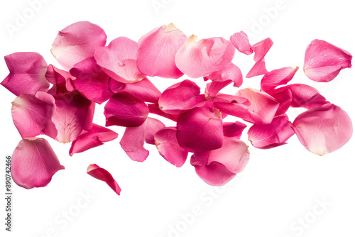 Bright pink rose petals in free fall, isolated on a clean white background, showcasing their delicate beauty and rich color