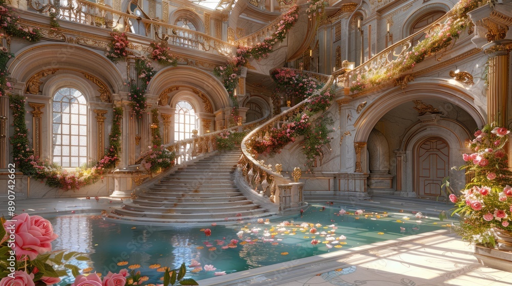 Obraz premium Marble white stairs with flower garlands, fantasy palace or heaven stone stair with floral decorations, fairytale princess castle interior, AI generated image