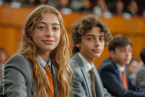 Young Woman In Gray Suit And Orange Tie Smiles At Camera During School Assembly