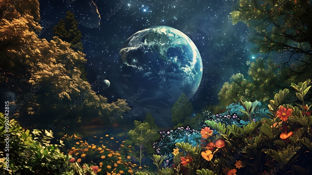 Surreal Forest Under a Starry Sky with Earth in the Background Surreal Forest Under a Starry Sky with Earth in the Background