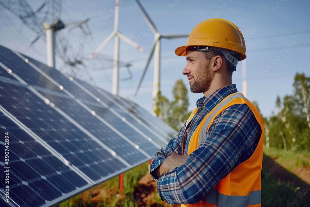 A man in a yellow hard hat stands in front of a solar panel array. A man in a yellow hard hat stands in front of a solar panel array.