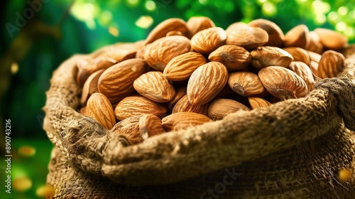 Wallpaper Mural   An image depicts a field covered in green grass, with tall trees in the background A bag filled with almonds sits atop the grass, visible in the foreground Torontodigital.ca