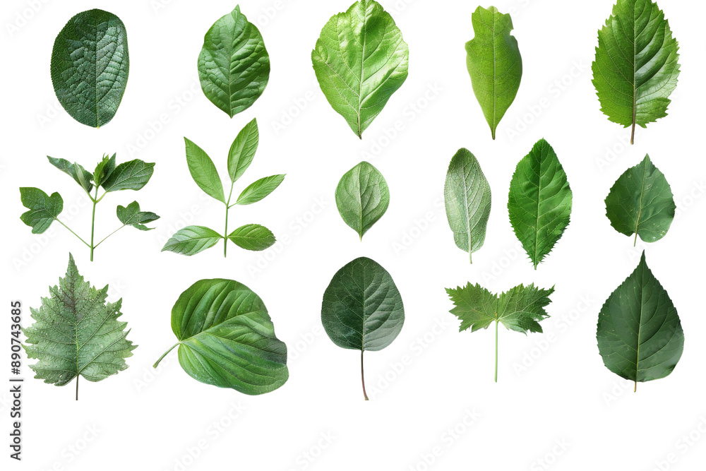 Collection of fresh green leaves, separated on a pristine white background, showcasing their various shapes and textures Collection of fresh green leaves, separated on a pristine white background, showcasing their various shapes and textures