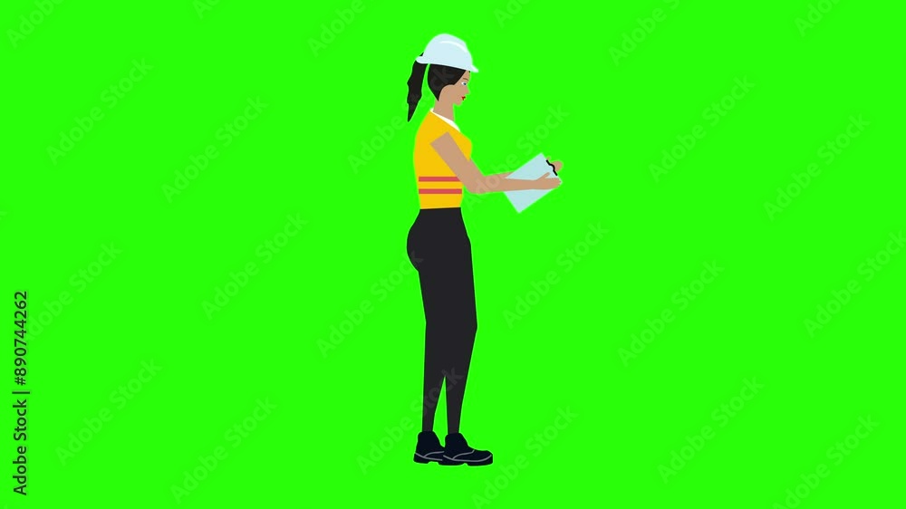 Cartoon character animation of women engineer worker looking in the project plan, green screen Cartoon character animation of women engineer worker looking in the project plan, green screen