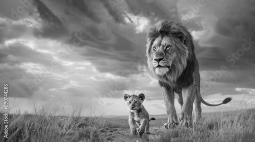   Black & white pic of lions - adult & cub in field under cloudy sky