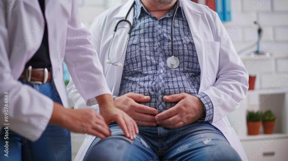 Doctor examining male patient's abdomen in medical office Doctor examining male patient's abdomen in medical office