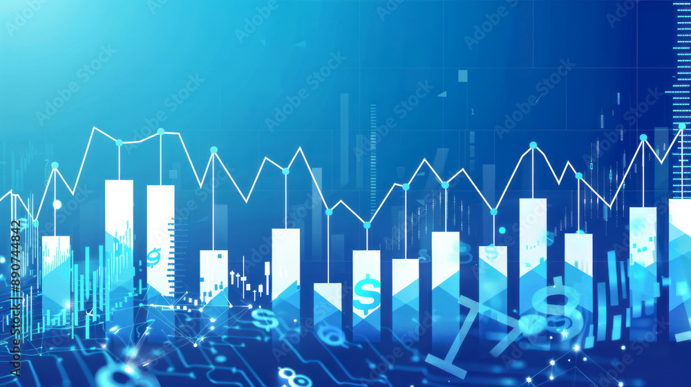Financial growth chart with bar and line graphs on blue background Financial growth chart with bar and line graphs on blue background