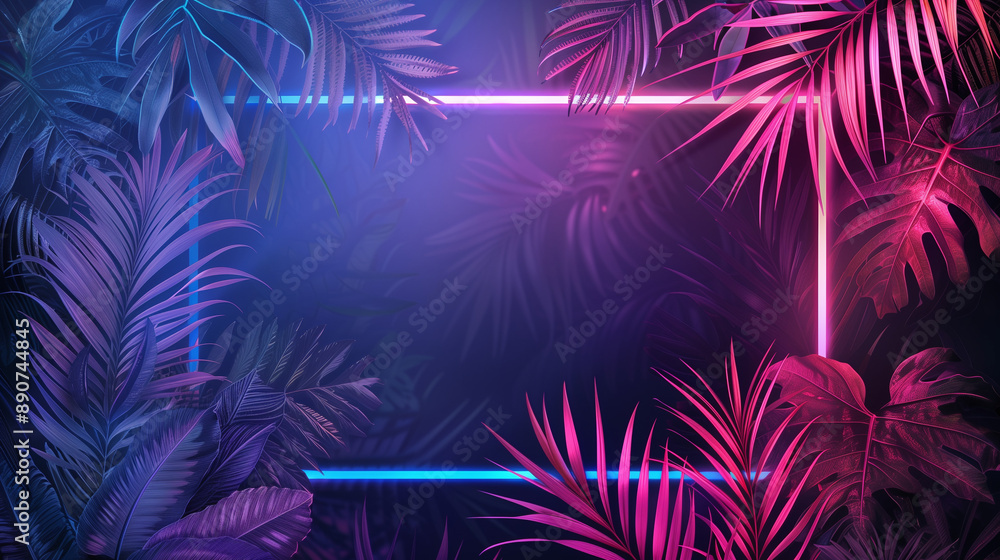 Illuminated neon frame with tropical foliage Illuminated neon frame with tropical foliage