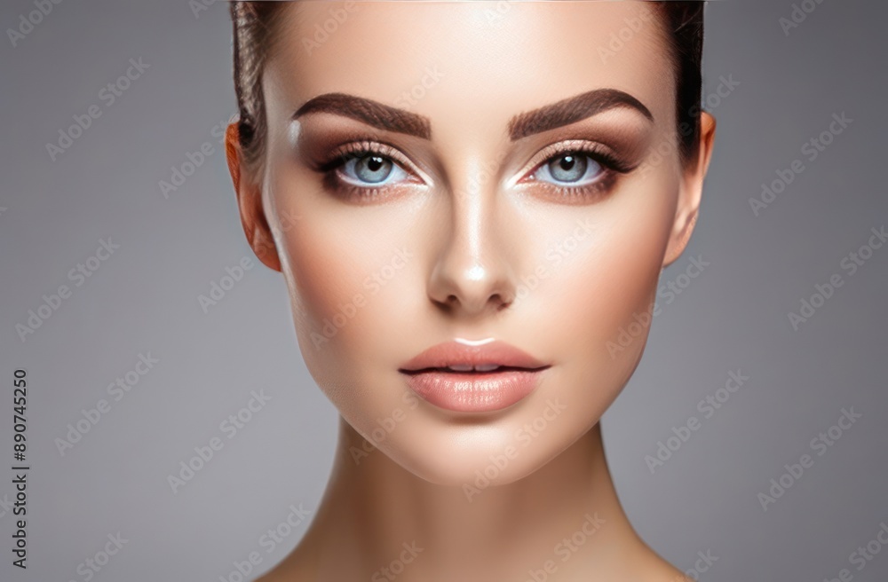 Fototapeta premium A close-up of a glamorous woman with flawless skin, captivating blue eyes, and perfectly applied makeup.