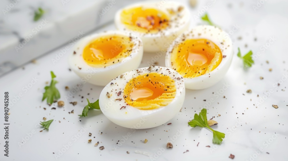Sliced soft boiled eggs on white background Sliced soft boiled eggs on white background