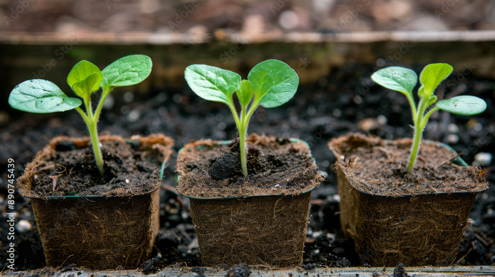 Young Seedlings Growing in Biodegradable Pots in Organic Soil Young Seedlings Growing in Biodegradable Pots in Organic Soil