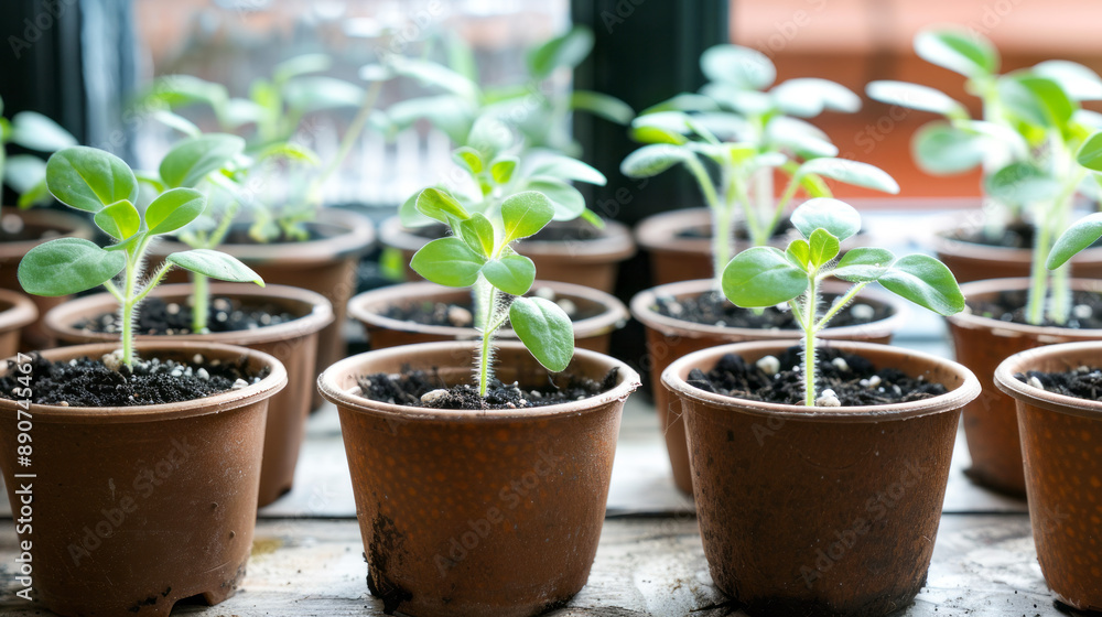 Young Seedlings Growing in Small Pots Indoors: Early Stages of Plant Growth with Natural Sunlight Young Seedlings Growing in Small Pots Indoors: Early Stages of Plant Growth with Natural Sunlight