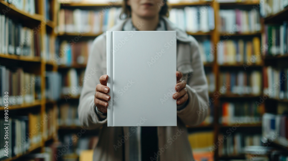 Close up blank book cover mockup being held by a person in a library Close up blank book cover mockup being held by a person in a library