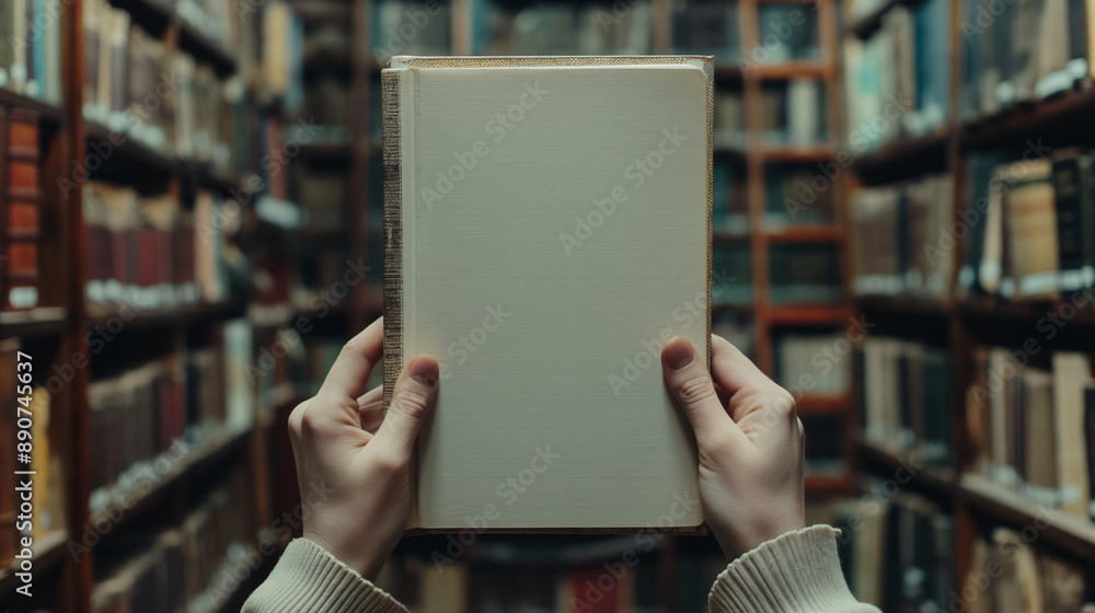 Close up blank book cover mockup being held by a person in a library Close up blank book cover mockup being held by a person in a library