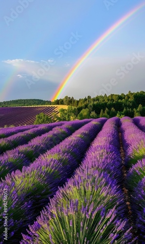 A field of lavender with a rainbow in the sky photo