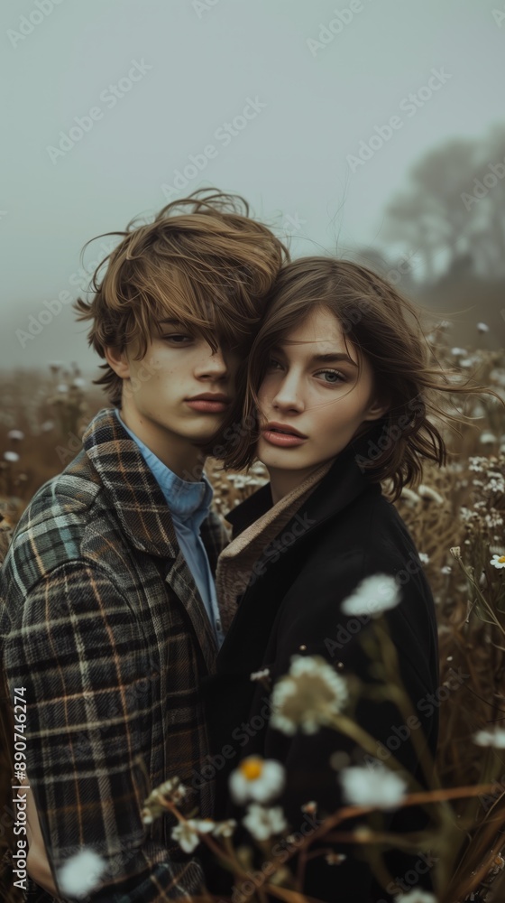 A young couple standing closely together in a foggy field filled with wildflowers, portraying a somber and intimate mood. A young couple standing closely together in a foggy field filled with wildflowers, portraying a somber and intimate mood.
