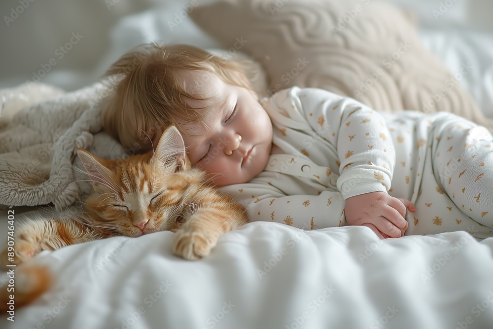 A peaceful moment of a baby and a ginger kitten sleeping together on a cozy white bed. A peaceful moment of a baby and a ginger kitten sleeping together on a cozy white bed.