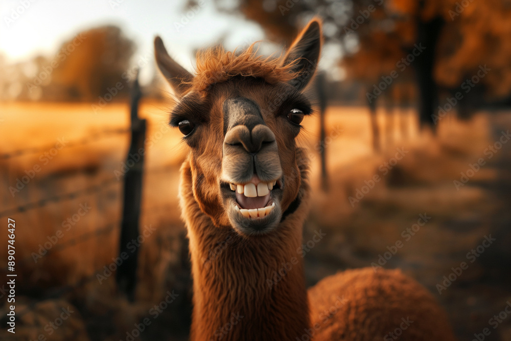 Obraz premium Smiling Llama in a Pasture at Sunset