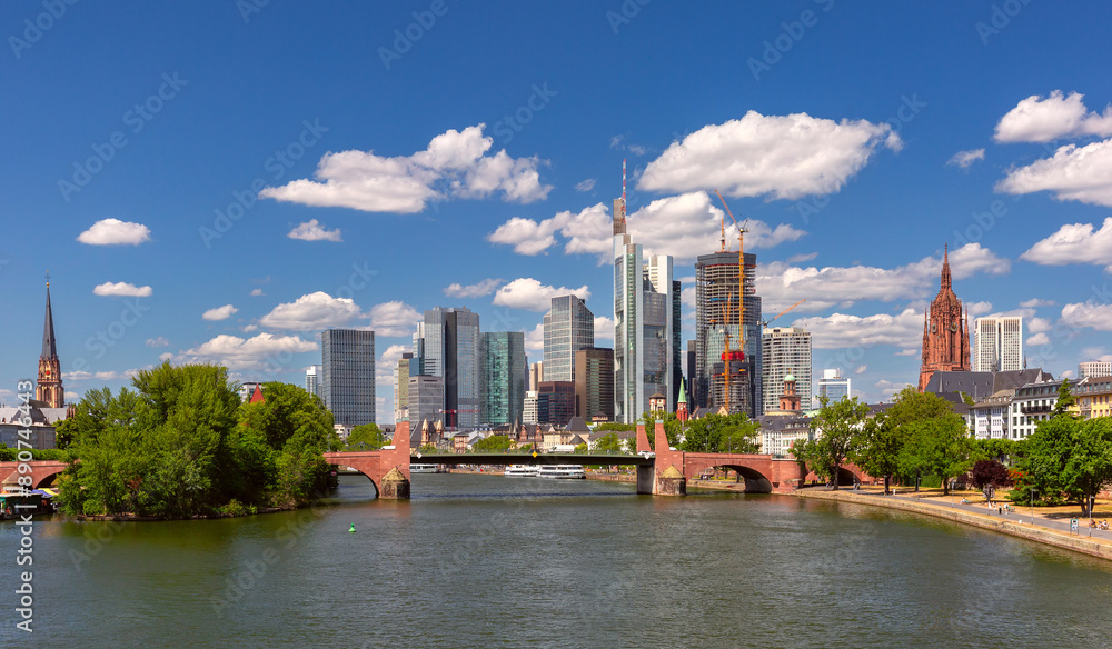 Fototapeta premium City embankment along the Main river in Frankfurt am Main on a sunny summer day, Germany