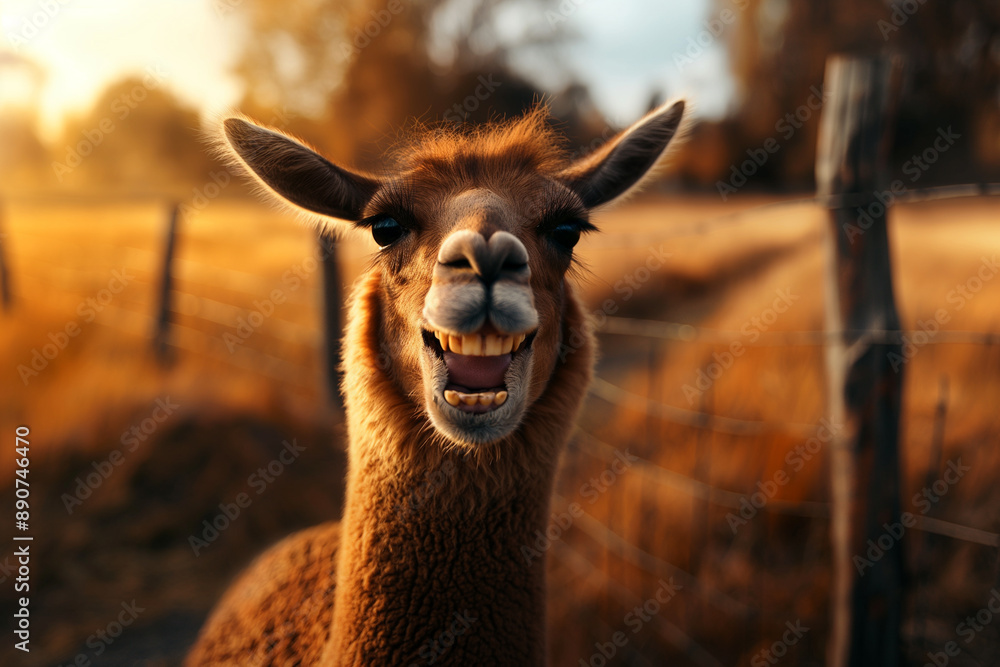 Obraz premium Smiling Llama in a Pasture at Sunset