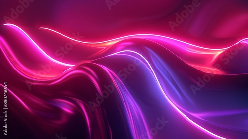 3D rendering of an abstract neon background with a wavy glowing ribbon