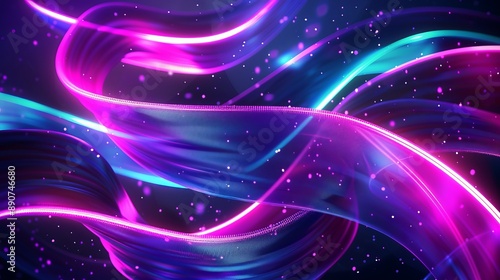 3D rendering of an abstract neon background with a wavy glowing ribbon