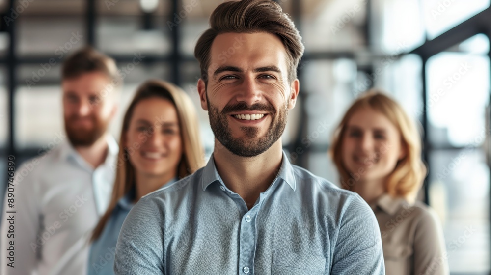 Confident business leader smiling with team members in blurred background, representing teamwork and leadership in a professional setting. Confident business leader smiling with team members in blurred background, representing teamwork and leadership in a professional setting.