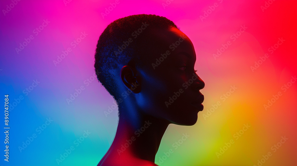 Pride Side profile of black woman with against a background of colored light, with eyes closed. The soft, rainbow gradient lighting creates a dreamy atmosphere that highlights their silhouette.	
