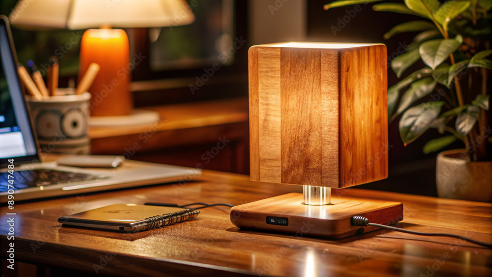 Modern wooden table lamp with touch control and USB port on a minimalist desk surrounded by a blurred background of a cozy home office setting. Modern wooden table lamp with touch control and USB port on a minimalist desk surrounded by a blurred background of a cozy home office setting.