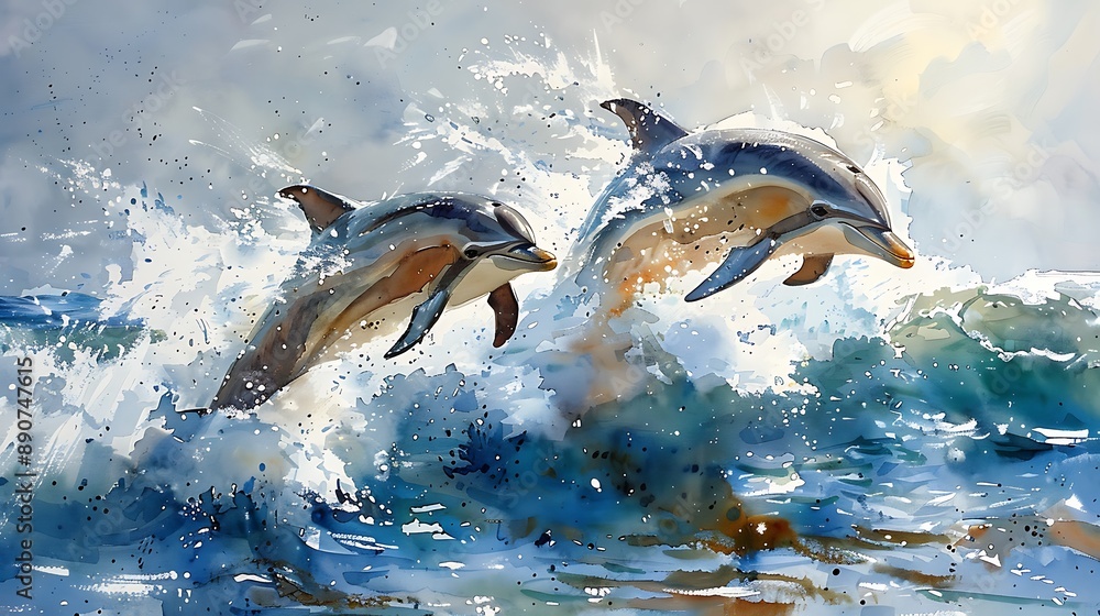 Obraz premium A watercolor painting of playful dolphins leaping in the ocean waves, with sparkling blue water and sunlight reflecting off the surface.