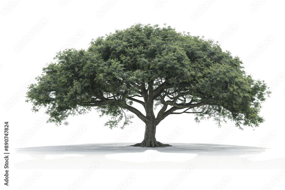 Obraz premium One mature tree with a thick trunk and wide canopy, isolated on a clean white background, emphasizing its grandeur