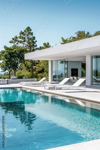 Modern white house with a swimming pool in a sunny backyard