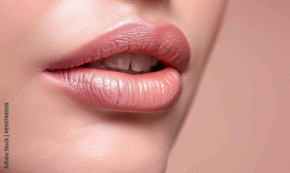 Perfect natural lip makeup, close-up with wavy hair background. Perfect natural lip makeup, close-up with wavy hair background.
