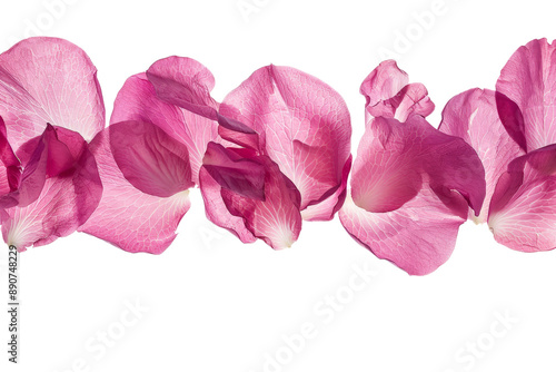 Photograph of bright pink rose petals suspended in mid-air, isolated on a white background, emphasizing their lightness and beauty