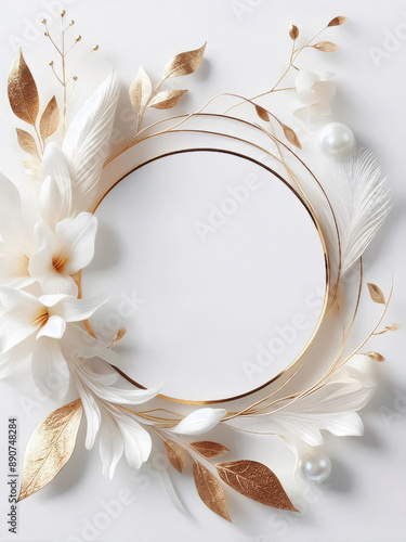 Floral frame with white flower and gold leaves on light background. Abstract romantic design for anniversary, wedding celebration