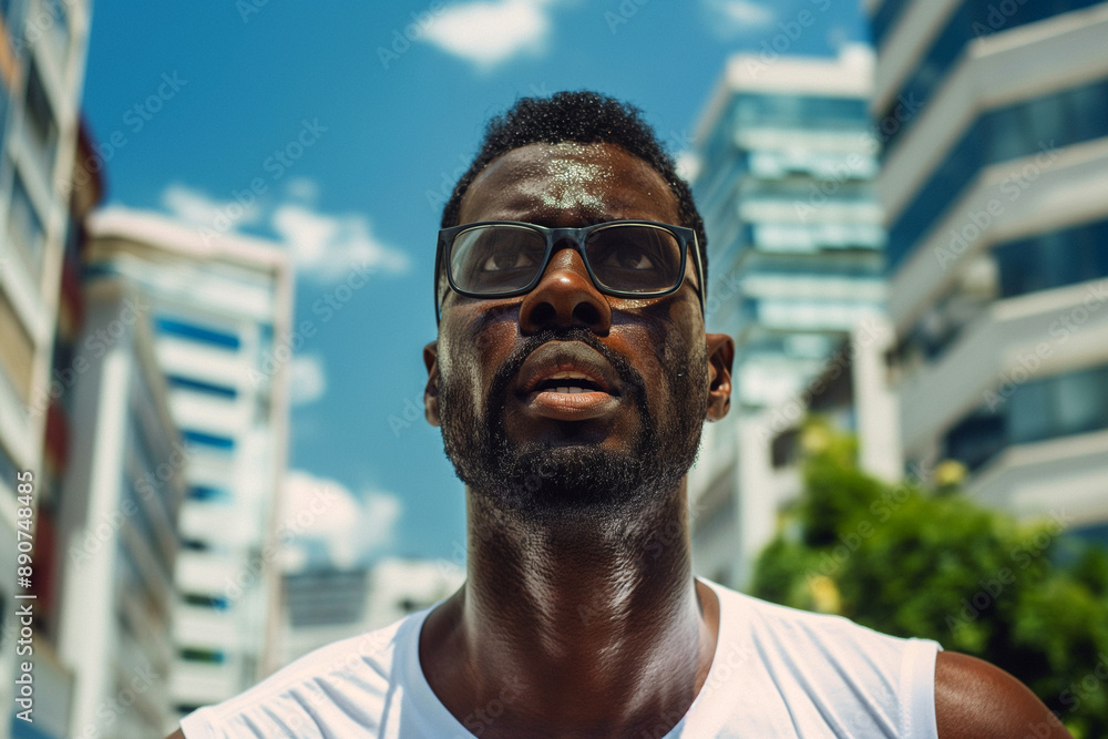 Man Walking Through City in Bright Sunlight Man Walking Through City in Bright Sunlight