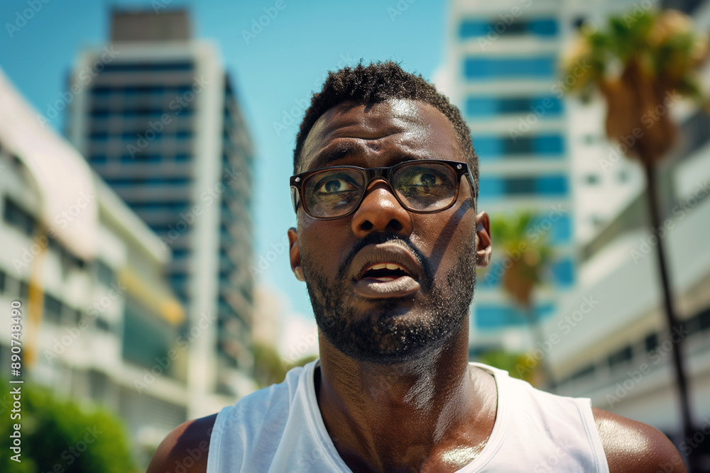 Man Walking Through City in Bright Sunlight Man Walking Through City in Bright Sunlight