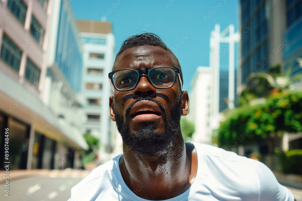 Man Walking Through City in Bright Sunlight Man Walking Through City in Bright Sunlight