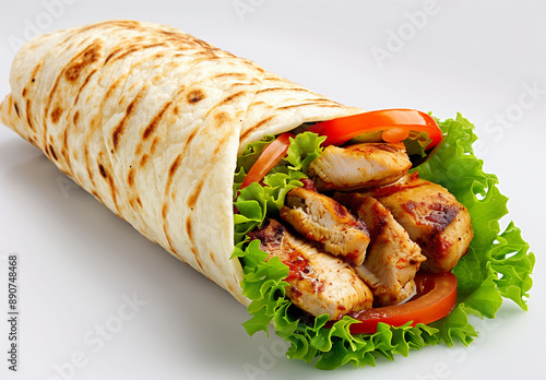 shawarma on white background close up, Turkish Paratha Rolls solitary against a stark white background, Shawarma sandwich
 photo