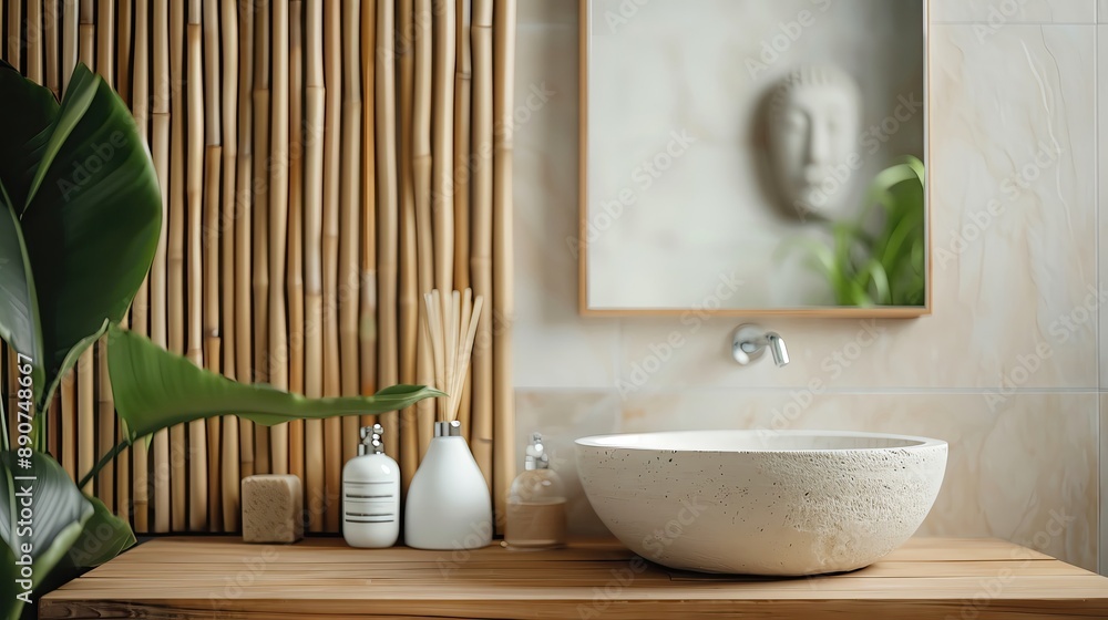 Fototapeta premium A serene bathroom scene featuring a minimalist sink, bamboo decor, and greenery, perfect for a calming atmosphere.