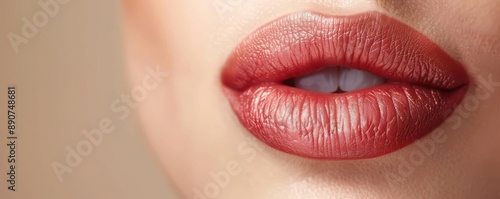 Perfect natural lip makeup, close-up with wavy hair background.