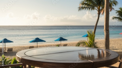 Wooden table with beach view in the background, tropical vibes and serene ocean waves under bright sunlight. Perfect vacation scene.