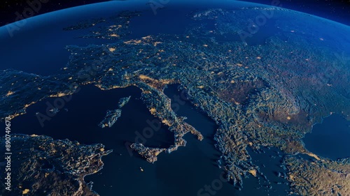 Cinematic space animation of detailed relief globe earth map of Italy, Greece, Spain, Portugal and whole southern and middle Europe such Germany and France and north Africa. City night lights, morning