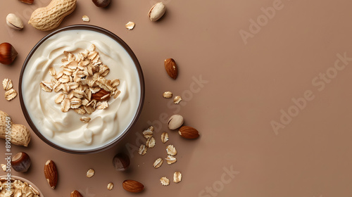 From above yoghurt served with oats and dried nuts